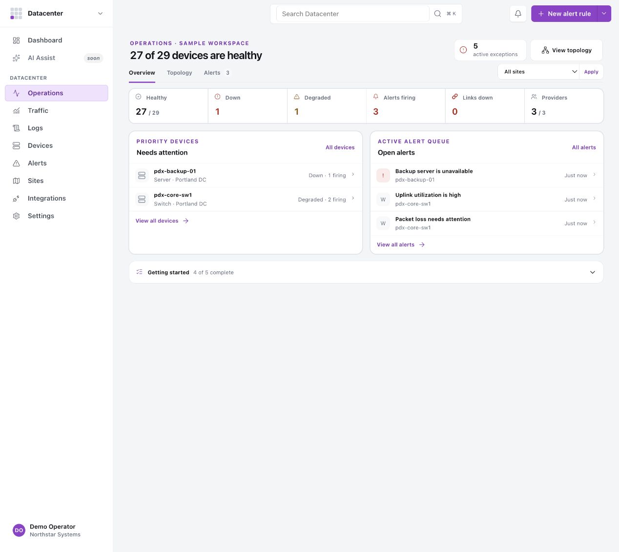 Datacenter app workspace with fictional Northstar sample data