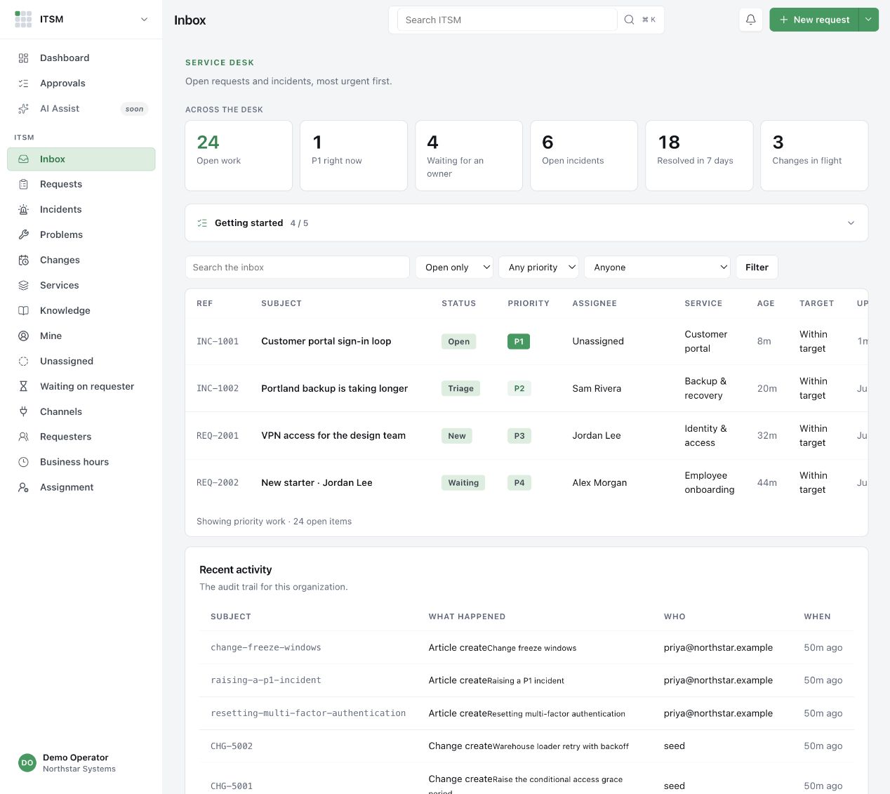 Support app workspace with fictional Northstar sample data